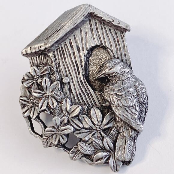 VTG Brooch Lot of 2 Signed Birds & Blooms Pewter Nature Hummingbird Birdhouse - Picture 5 of 9